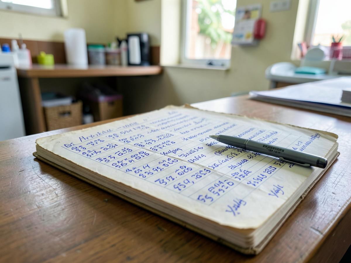 Handwritten patient register on a dental clinic reception desk